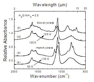 Graph of the relative absorbance of H2O/NH3 mixtures at different temperatures and monohydrate versus hemihydrate. Shows increased acitivy around 1100 cm-1.