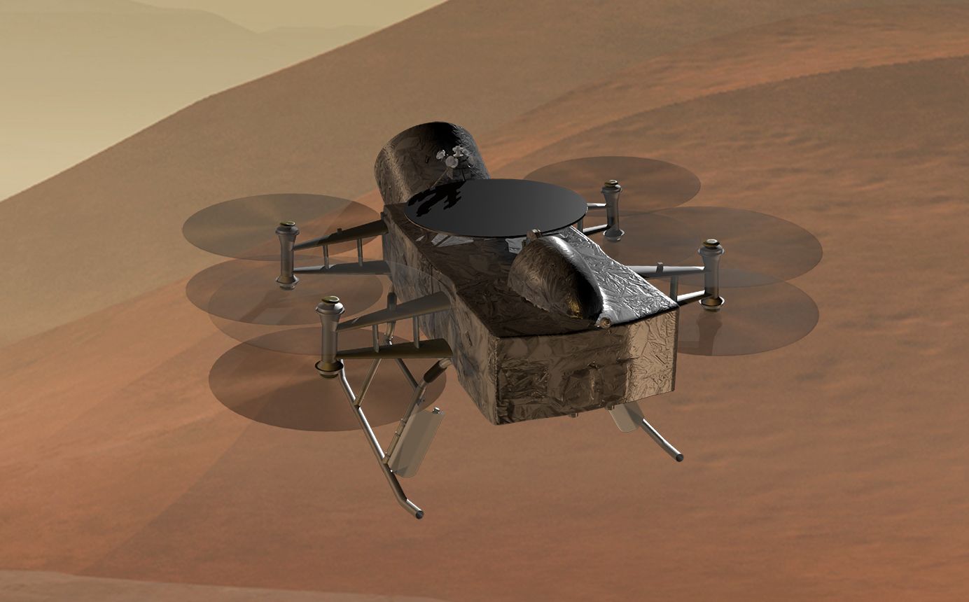 Artist rendering of Dragonfly flying over Mars